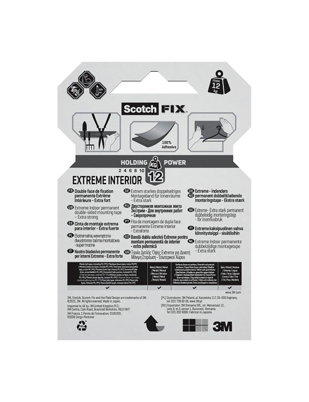 Cinta doble cara de montaje extreme para interiores, máx 12 kg, 19mmx1,8m