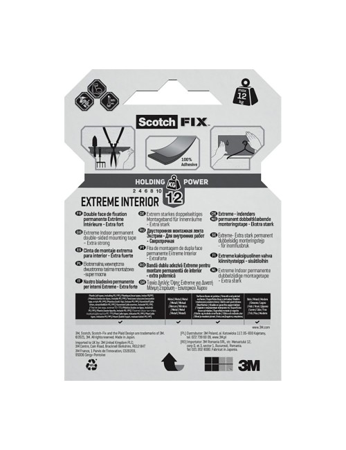 Cinta doble cara de montaje extreme para interiores, máx 12 kg, 19mmx1,8m