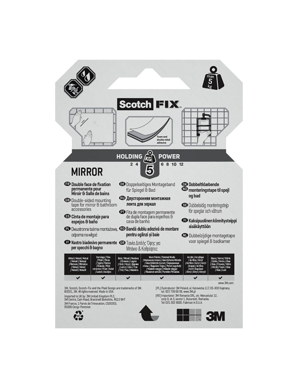 Cinta doble cara montaje espejos máx 5 kg 19mmx1,5m