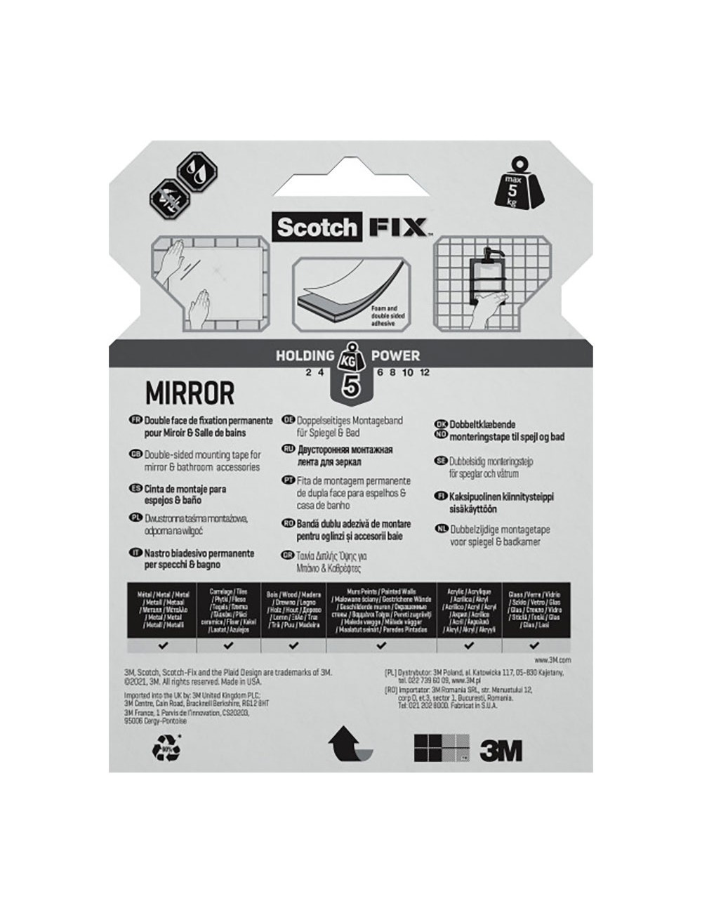 Cinta doble cara montaje espejos máx 5 kg 19mmx5m