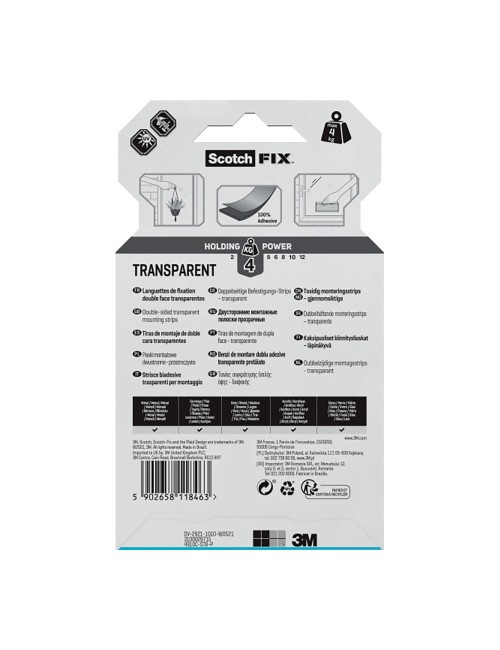 Tira adhesiva doble cara transparente, máx 4 kg, 25mmx76mm, 8 uds