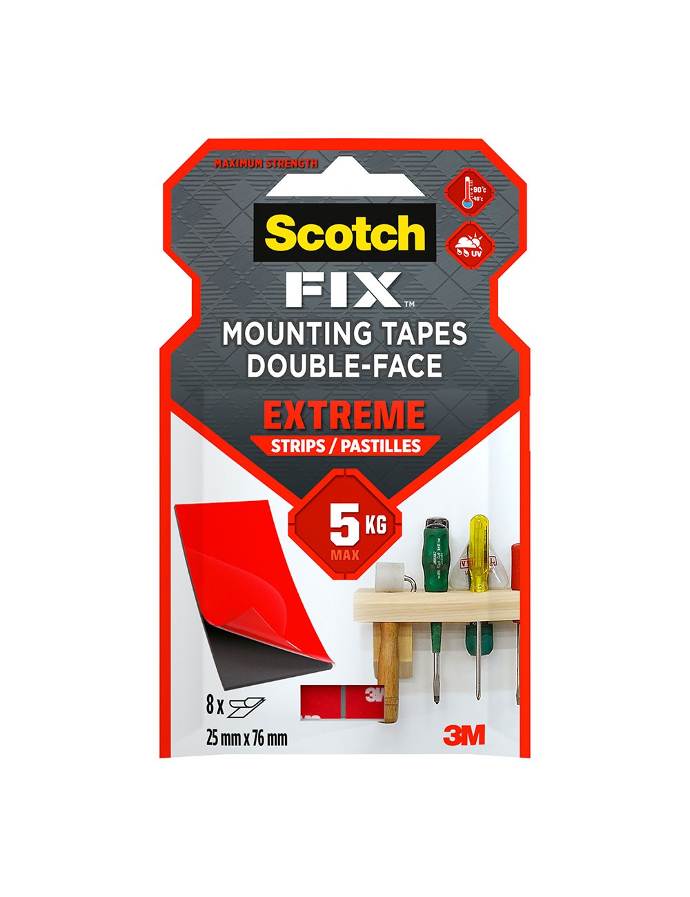 Tira adhesiva doble cara extreme negra, máx 5 kg, 25mmx76mm, 8 uds