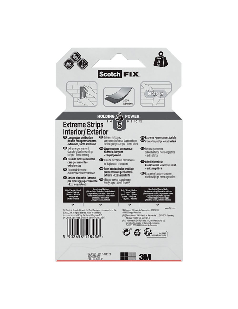 Tira adhesiva doble cara extreme negra, máx 5 kg, 25mmx76mm, 8 uds