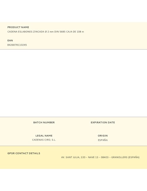 Cadena eslabones zincada ø 2 mm din 5685 caja de 108 m
