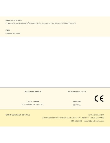 Clavija transformación ingles-eu, blanca, 70 x 50 mm (retractilado)