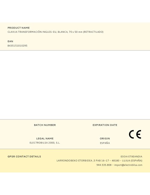 Clavija transformación ingles-eu, blanca, 70 x 50 mm (retractilado)
