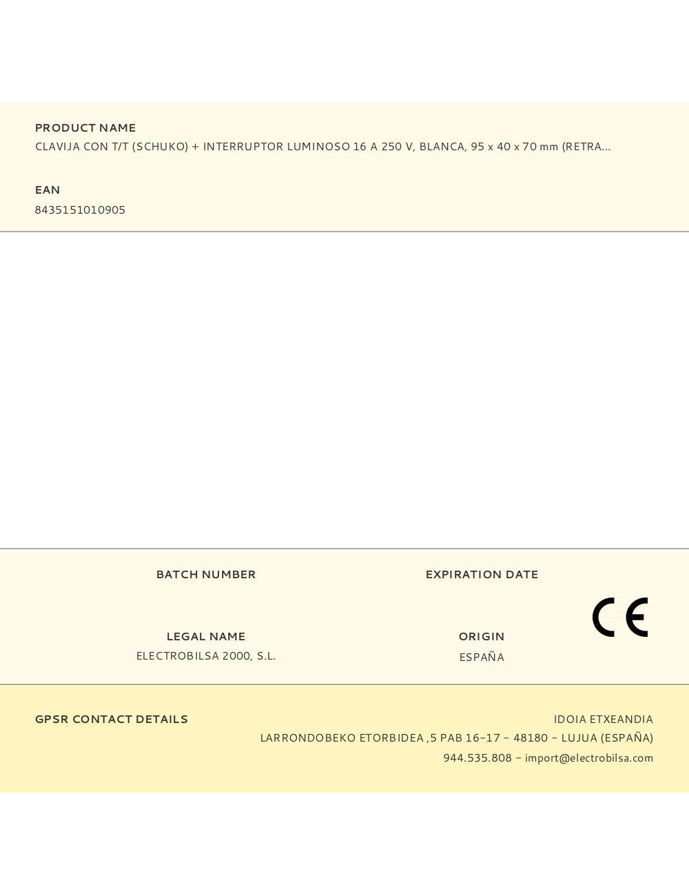 Clavija con t/t (schuko) + interruptor luminoso 16 a 250 v, blanca, 95 x 40 x 70 mm (retractilado)