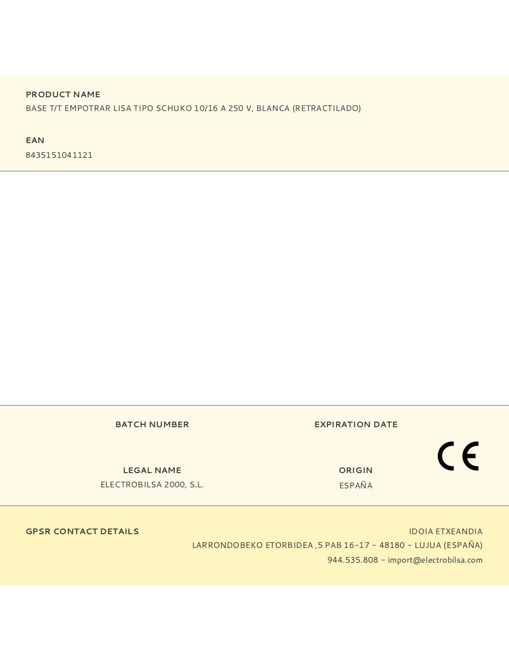 Base t/t empotrar lisa tipo schuko 10/16 a 250 v, blanca (retractilado)