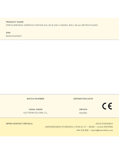 Portalámparas cerámico vintage e14, 60 w 250 v, negro, ø35 x 60 mm (retractilado)