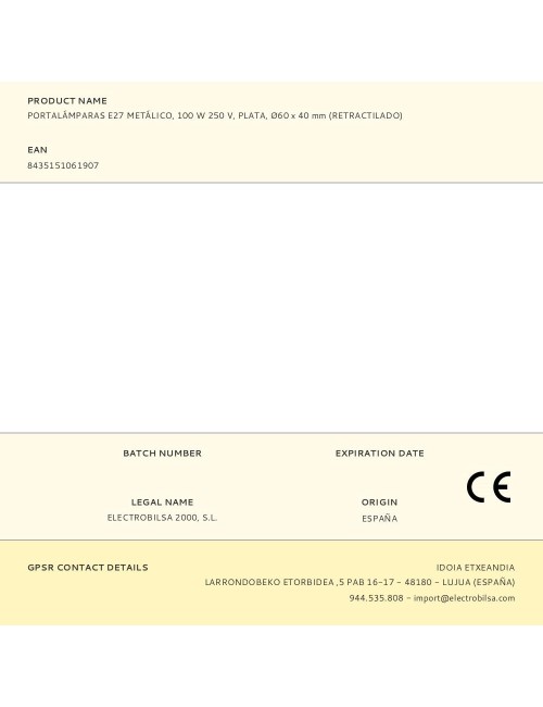 Portalámparas e27 metálico, 100 w 250 v, plata, ø60 x 40 mm (retractilado)