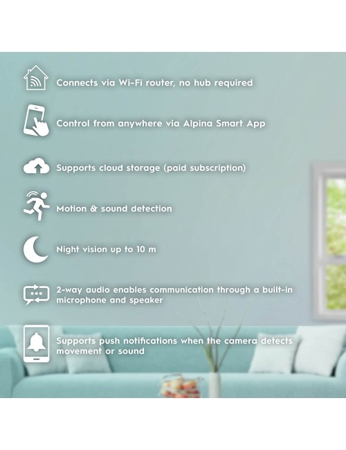 Cámara fija para interior smart, wifi, 230 v, 1080 p hd, micro sd, 5,4 x 5 x 10,6 cm