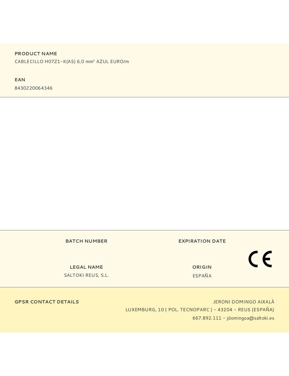 Cablecillo h07z1-k(as) 6,0 mm azul euro/m