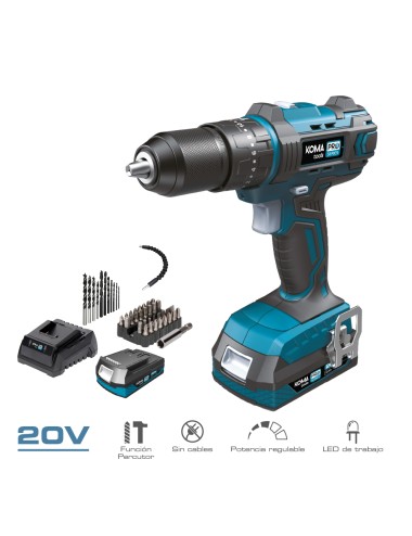 Kit taladro percutor / atornillador 20 v con bateria 2.0ah y cargador. 20,5 x 22 cm