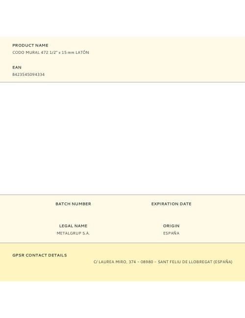 Codo mural 472 1/2" x 15 mm latón