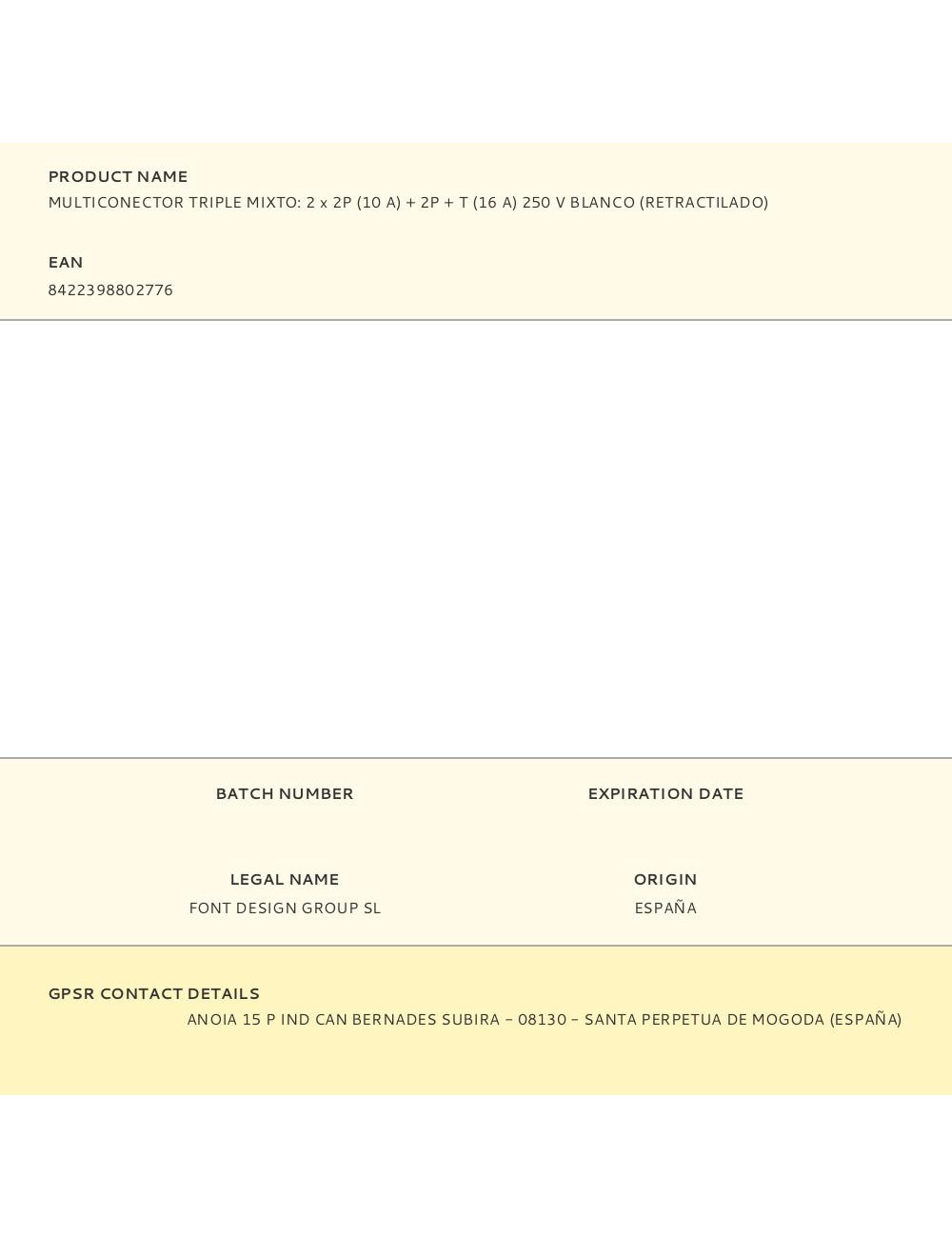 Multiconector triple mixto: 2 x 2p (10 a) + 2p + t (16 a) 250 v blanco (retractilado)