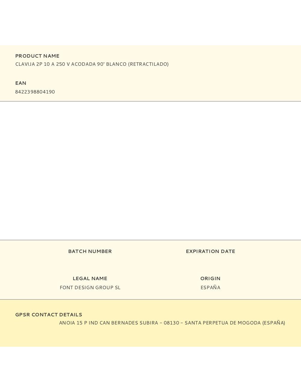 Clavija 2p 10 a 250 v acodada 90° blanco (retractilado)