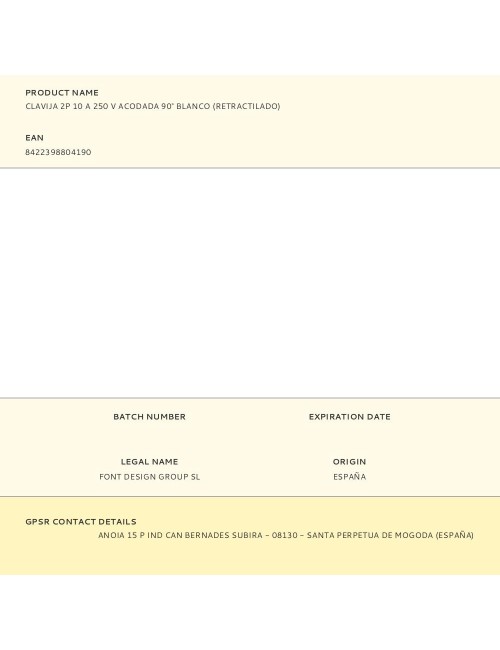 Clavija 2p 10 a 250 v acodada 90° blanco (retractilado)