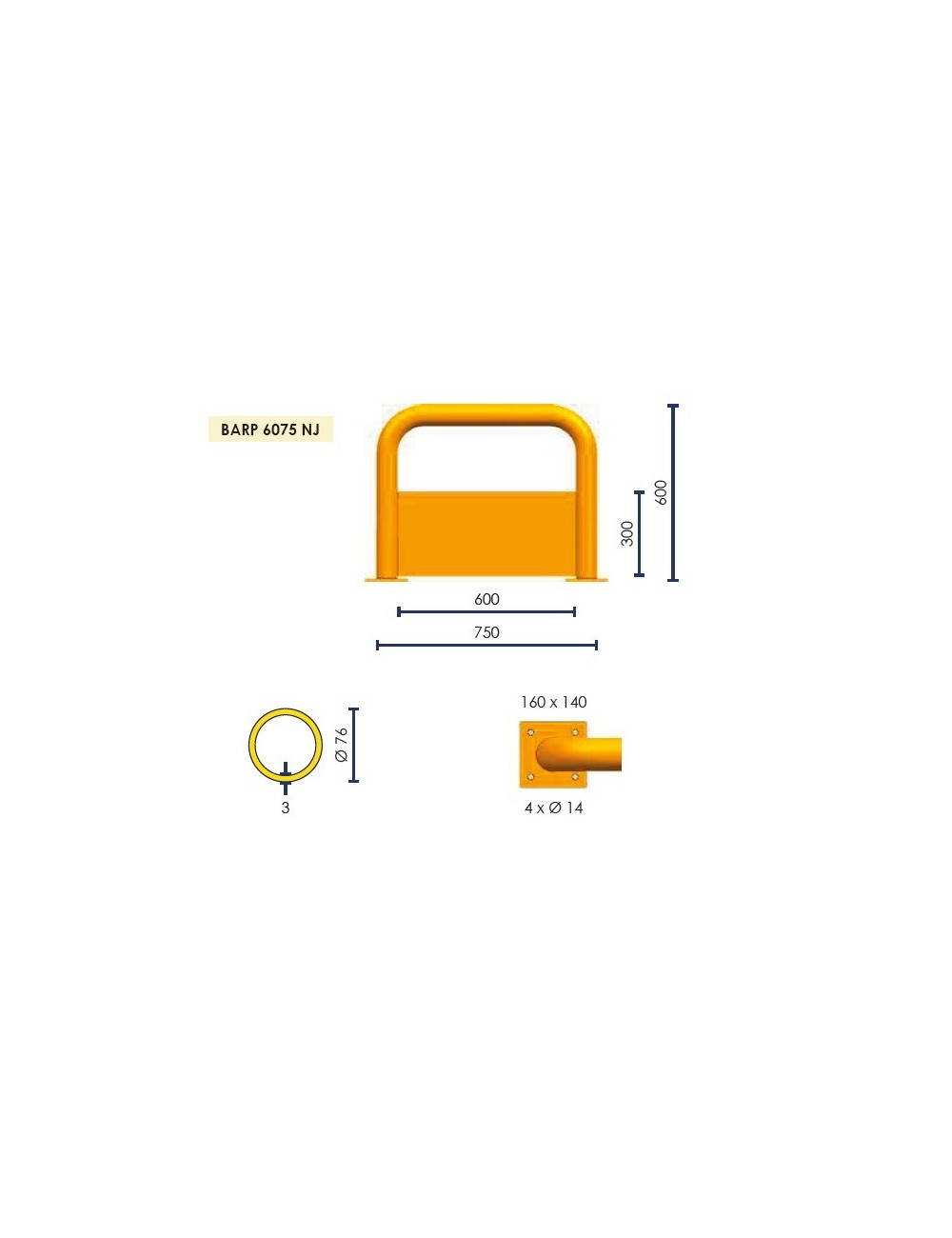 BARRERA PROTECCIÓN BARP6075NJ C/CHAPA ANTIGOLPES - NEGRO/AMARILLO Ø76mm