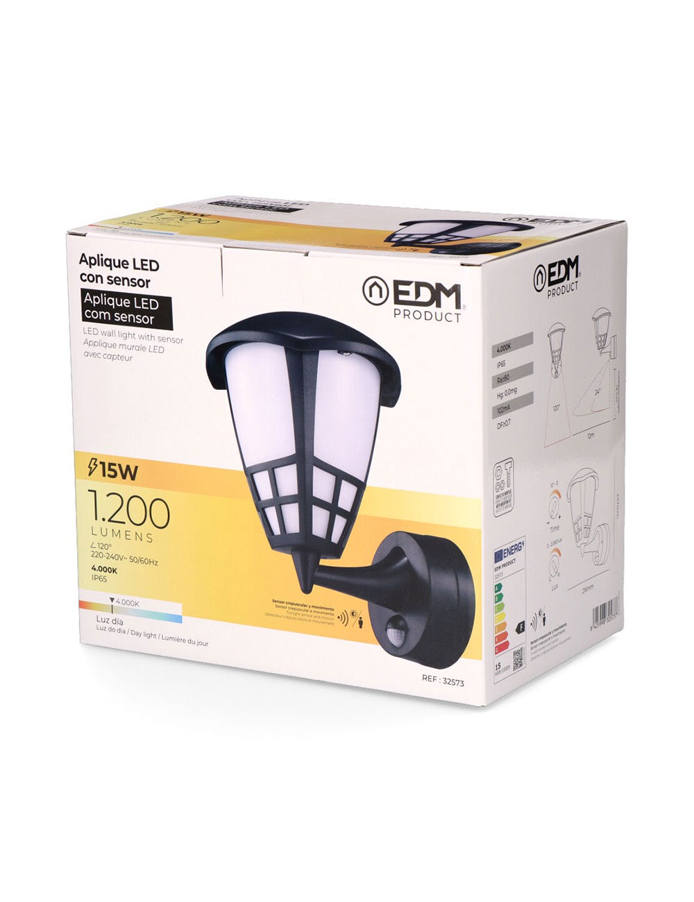 Aplique led con sensor crepuscular y movimiento 15 w 1200 lm 4000 k luz día, negro, 21,6 x 16 x 24,7 mm