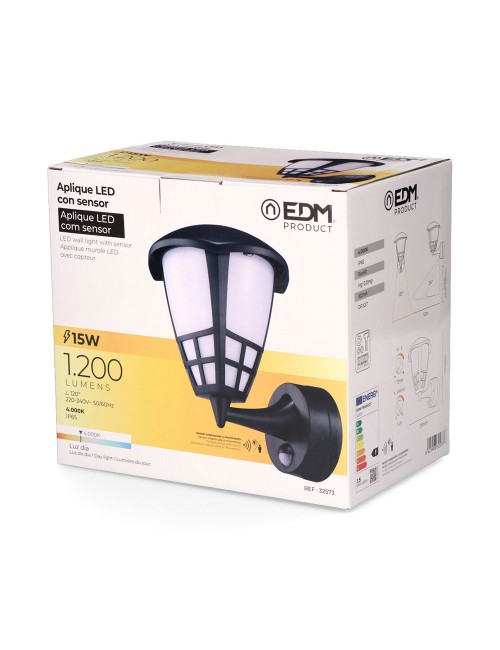 Aplique led con sensor crepuscular y movimiento 15 w 1200 lm 4000 k luz día, negro, 21,6 x 16 x 24,7 mm