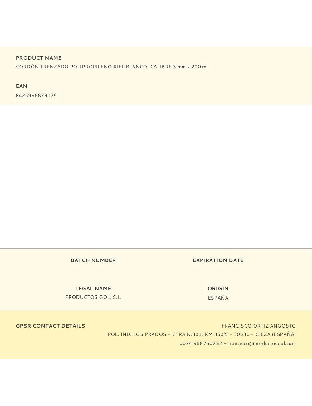 Cordón trenzado polipropileno riel blanco, calibre 3 mm x 200 m