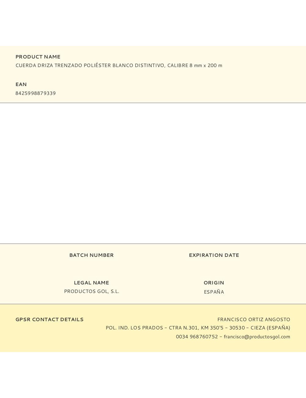 Cuerda driza trenzado poliéster blanco distintivo, calibre 8 mm x 200 m