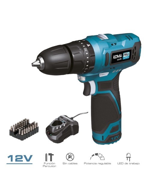 Kit taladro percutor 12 v con accesorios, bateria y cargador