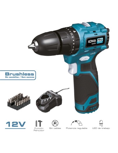 Kit taladro percutor brushless 12 v con accesorios, bateria y cargador