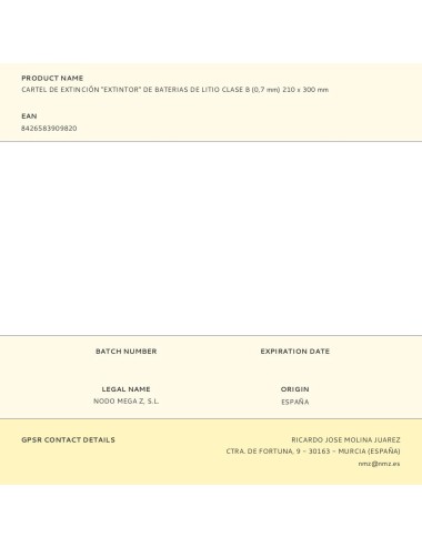 Cartel de extinción "extintor" de baterias de litio clase b (0,7 mm) 210 x 300 mm