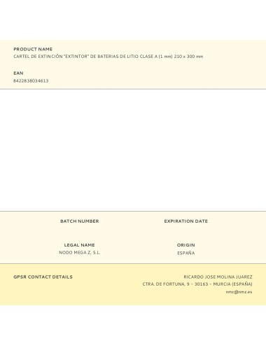 Cartel de extinción "extintor" de baterias de litio clase a (1 mm) 210 x 300 mm