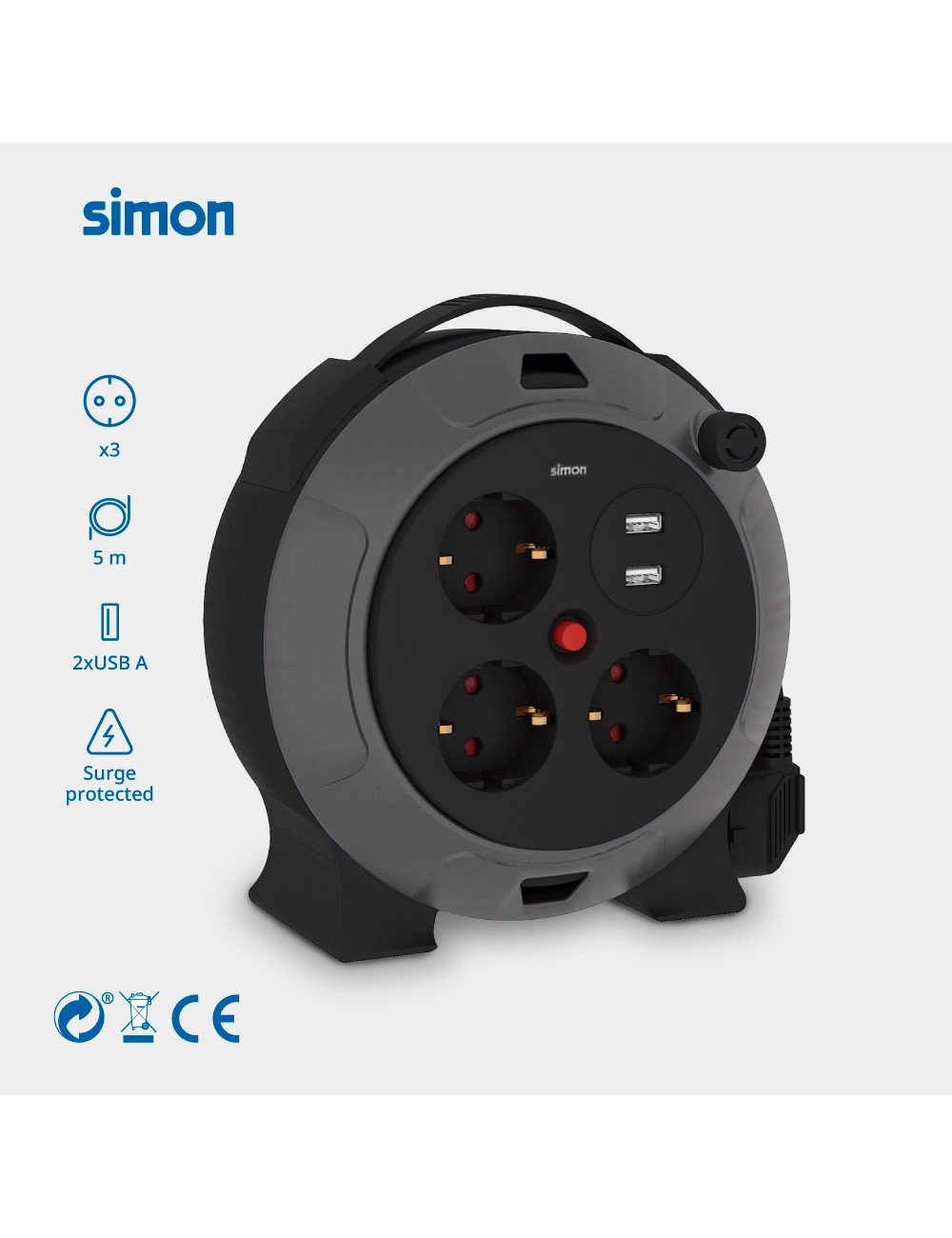 Enrollacables con 2 usb a, 3 tomas 2p+tt schuko, 16 a, 230 v~, h05vv-f 3 g 1,5 mm, 5 m, negro/gris