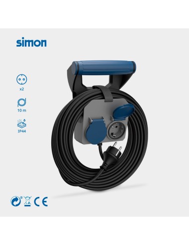 Base múltiple 2 tomas schuko, ip44, 10 m de cable h05rr-f 4g1,5 mm, 16a 230v~, gris/azul/negro