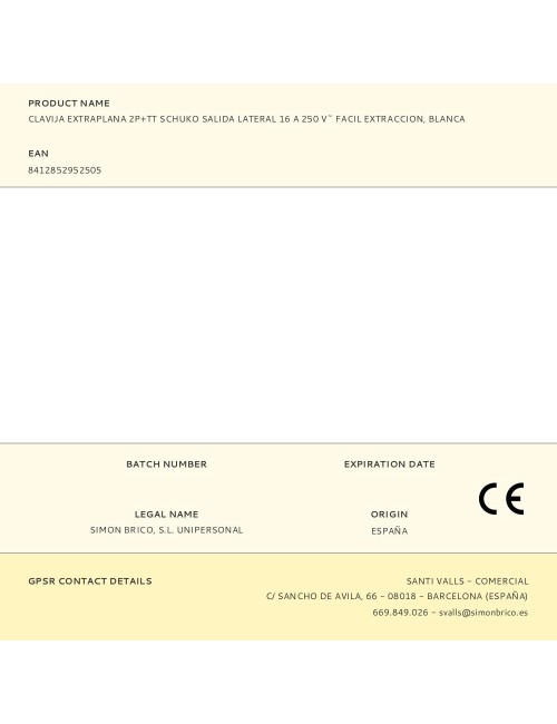 Clavija extraplana 2p+tt schuko salida lateral 16 a 250 v~ facil extraccion, blanca