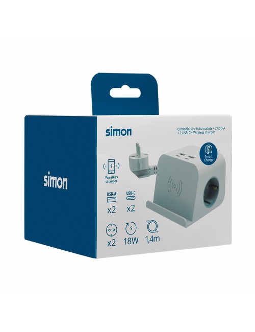 Base combiflat 2 tomas schuko 16a 250 v ~ + 2 usb a + 2 usb c + carga inalámbrica con soporte y fijación blanca