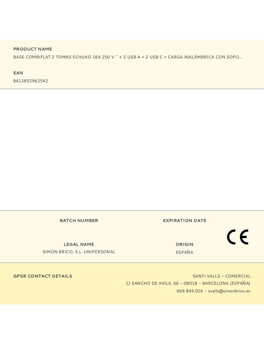 Base combiflat 2 tomas schuko 16a 250 v ~ + 2 usb a + 2 usb c + carga inalámbrica con soporte y fijación blanca