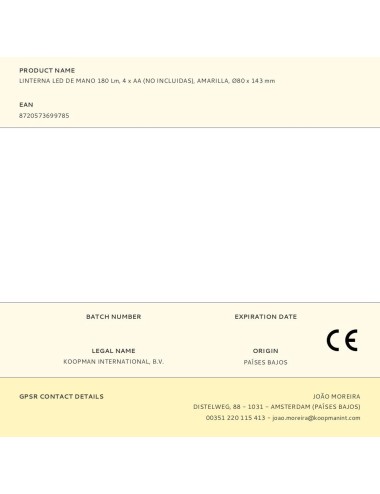 Linterna led de mano 180 lm, 4 x aa (no incluidas), amarilla, ø80 x 143 mm