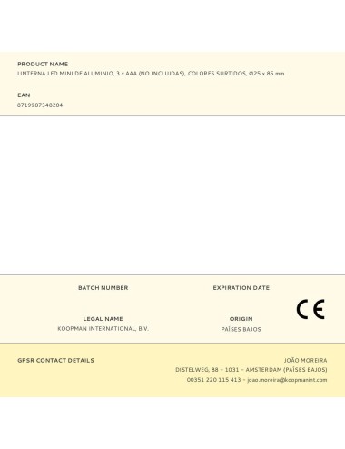 Linterna led mini de aluminio, 3 x aaa (no incluidas), colores surtidos, ø25 x 85 mm