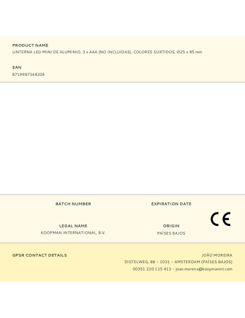 Linterna led mini de aluminio, 3 x aaa (no incluidas), colores surtidos, ø25 x 85 mm