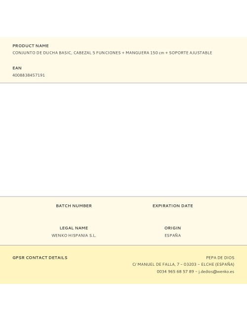 Conjunto de ducha basic, cabezal 5 funciones + manguera 150 cm + soporte ajustable