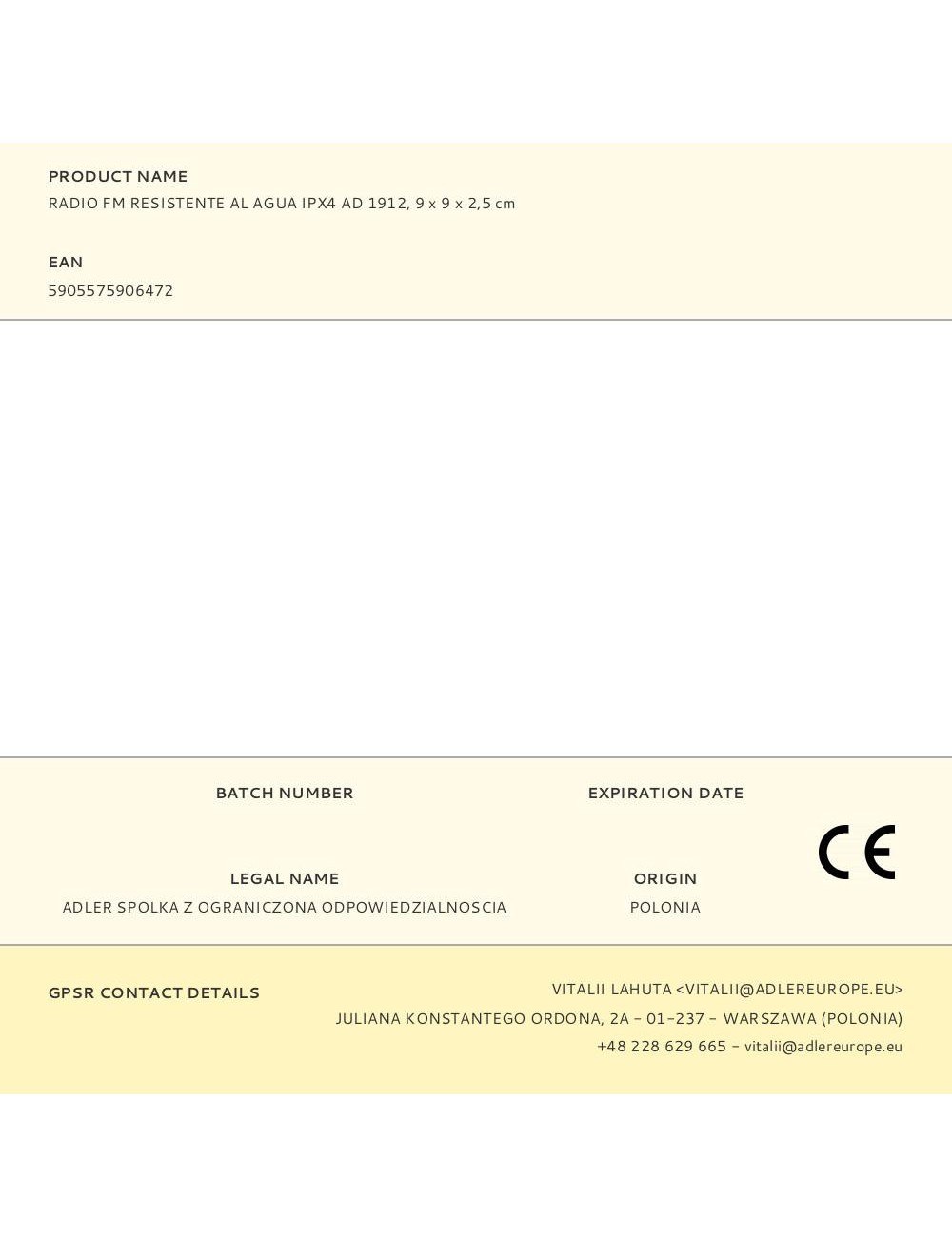 Radio fm resistente al agua ipx4 ad 1912, 9 x 9 x 2,5 cm