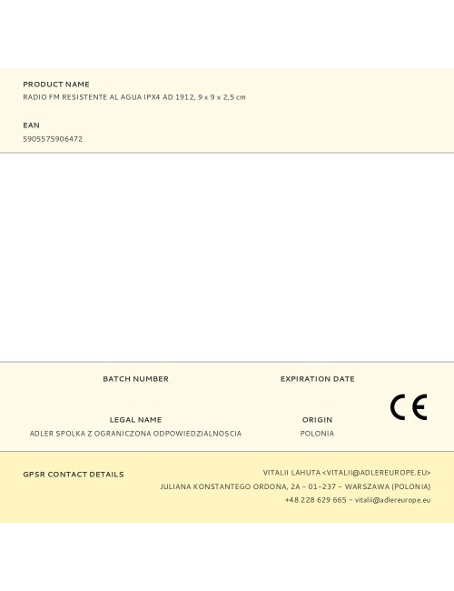 Radio fm resistente al agua ipx4 ad 1912, 9 x 9 x 2,5 cm