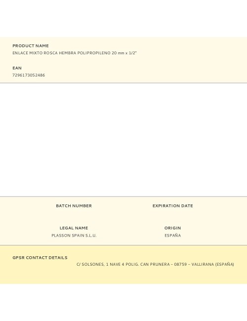 Enlace mixto rosca hembra polipropileno 20 mm x 1/2"