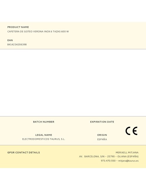 Cafetera de goteo verona inox 6 tazas 600 w