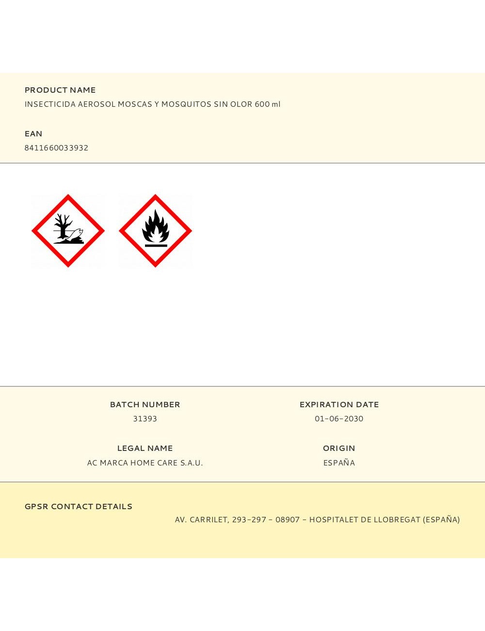 Insecticida aerosol moscas y mosquitos sin olor 600 ml