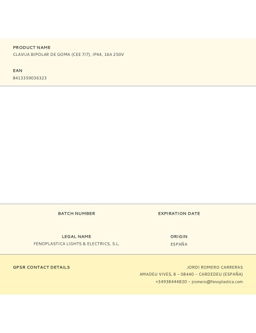 Clavija bipolar de goma (cee 7/7), ip44, 16a 250v