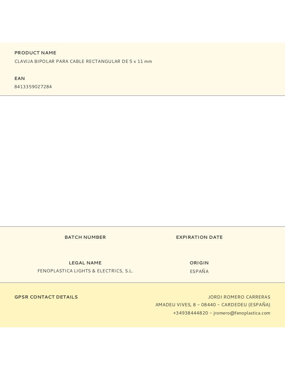 Clavija bipolar para cable rectangular de 5 x 11 mm