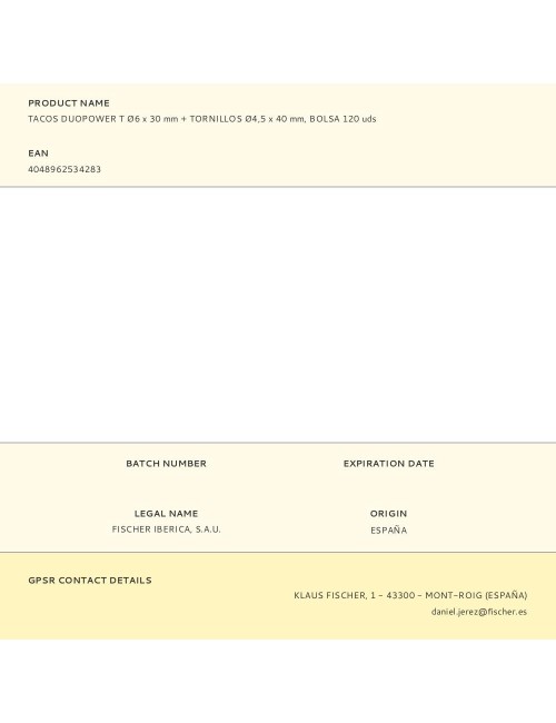 Tacos duopower t ø6 x 30 mm + tornillos ø4,5 x 40 mm, bolsa 120 uds