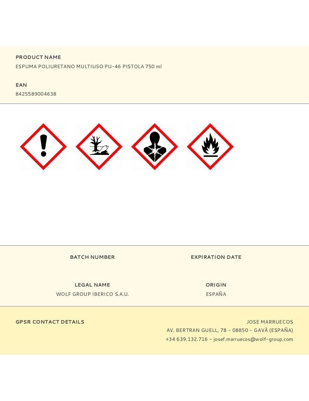 Espuma poliuretano multiuso pu-46 pistola 750 ml