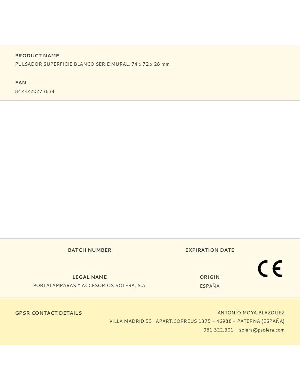 Pulsador superficie blanco serie mural, 74 x 72 x 28 mm