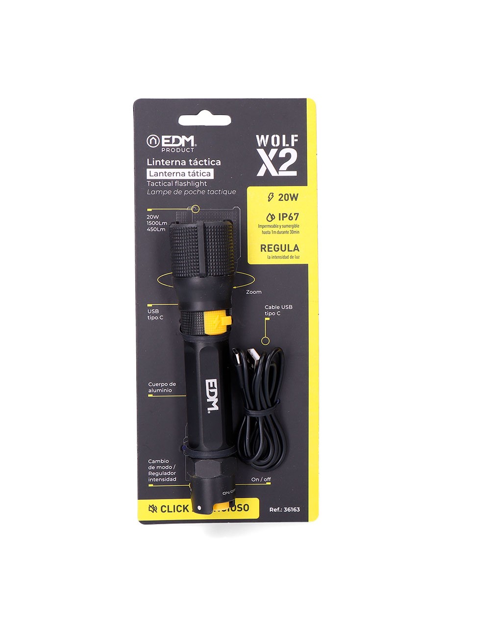 Linterna led táctica wolf x2 recargable 1500 lm / 450 lm ip67 ø4,0 x 17,8 cm